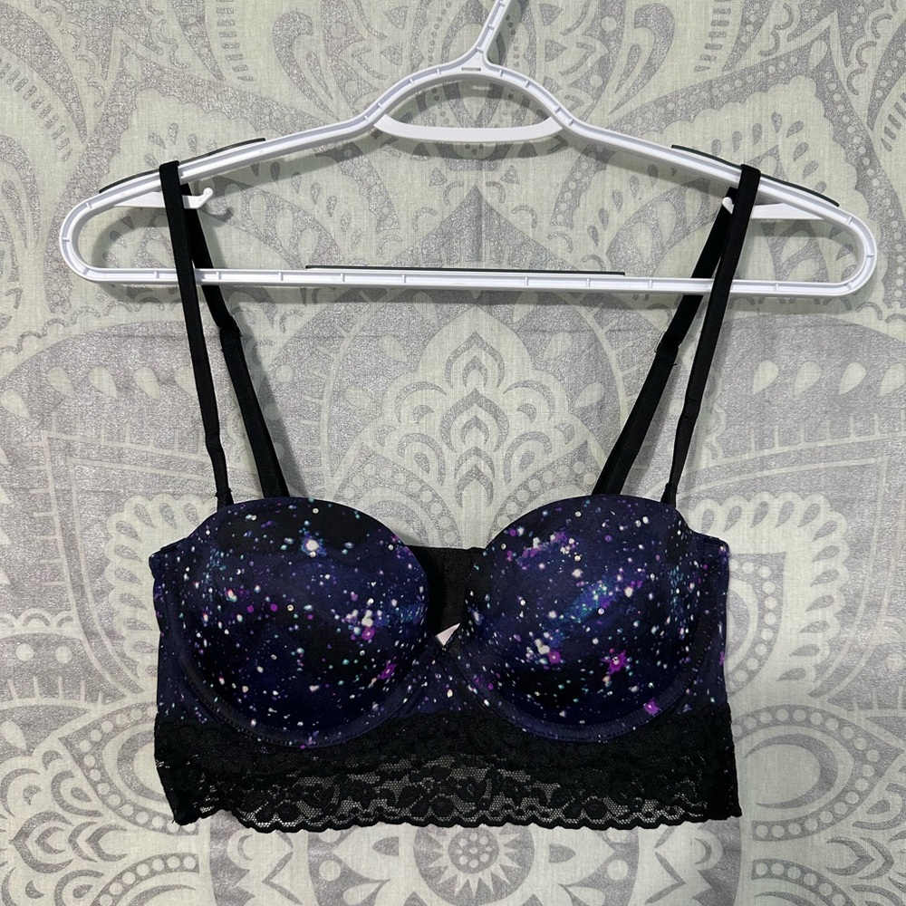 Nwt 2013 Victorias Secret Pink Bra Galaxy Black Blue Lace Crystal Bustier 36B
